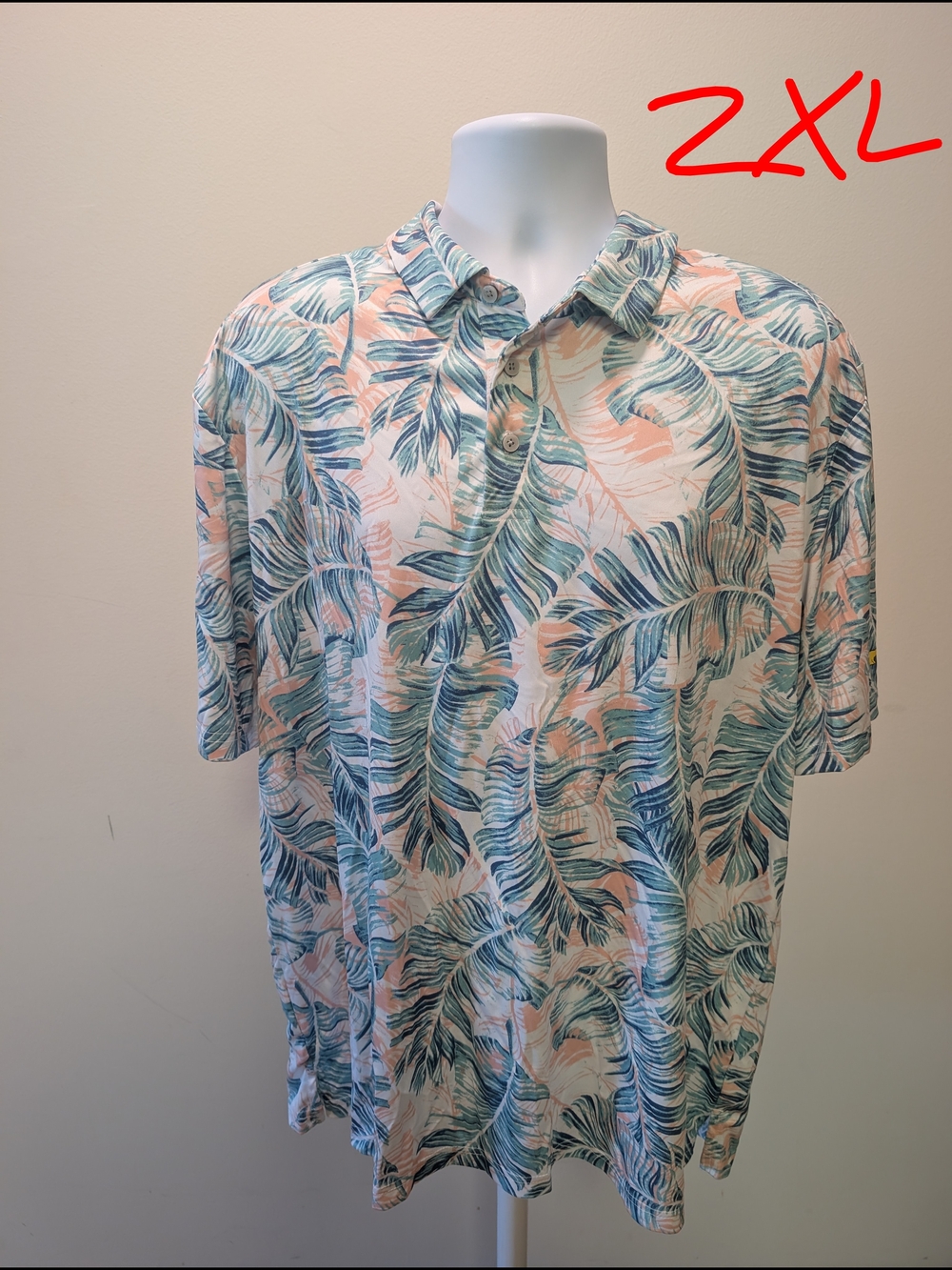Men's Tropical Leaf Polo Shirt in Peach & Teal Print